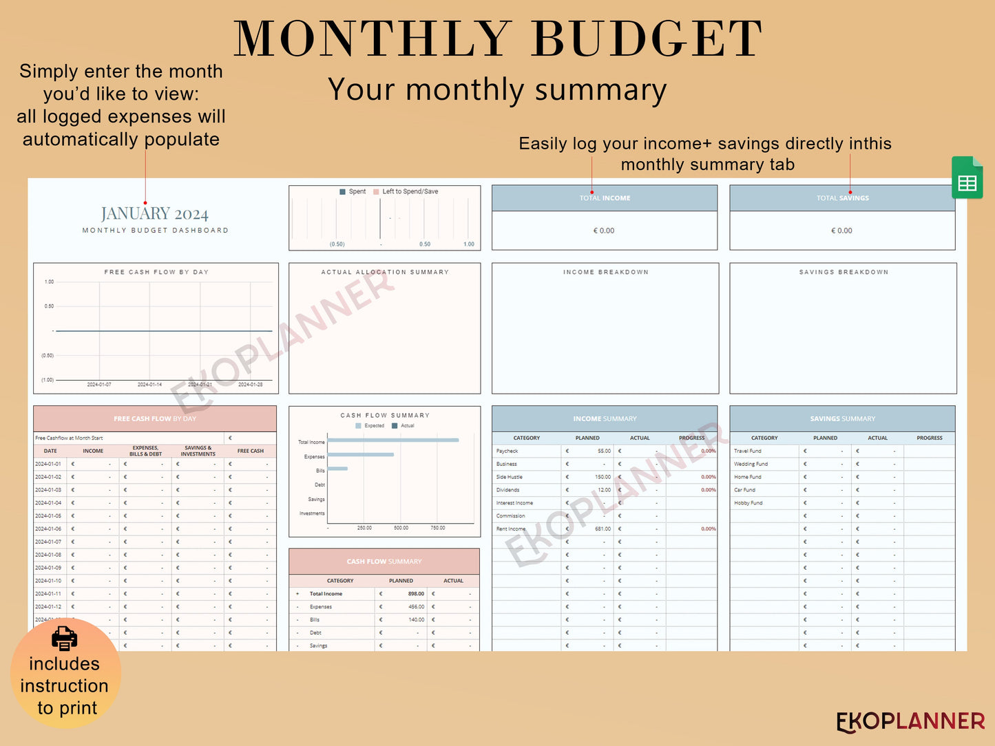 Yearly Budget Spreadsheet Template for Google Sheets - Layout Version 3.0